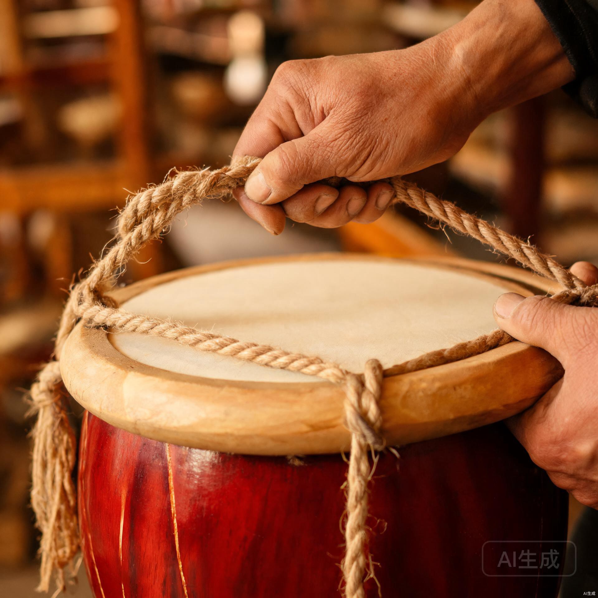 Craftsman tuning a Chinese drum in Matun workshop